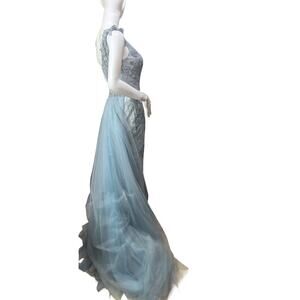 Mac Duggal Embellished Gown Maxi Sheer Overlay Midi Slip Chapel Train Blue Grey
